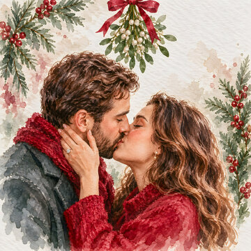 Loving couple kissing surrounded by holiday decorations and mistletoe  