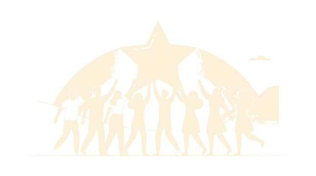 Diverse group holding up glowing star above silhouette landscape, unity and success concept