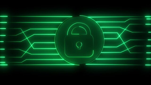 Security lock animation with green neon. Security lock digital circuit board. Security lock insecurity technology graphic on black background.