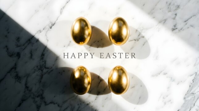 Four golden easter eggs on white marble background with decoration, celebration
