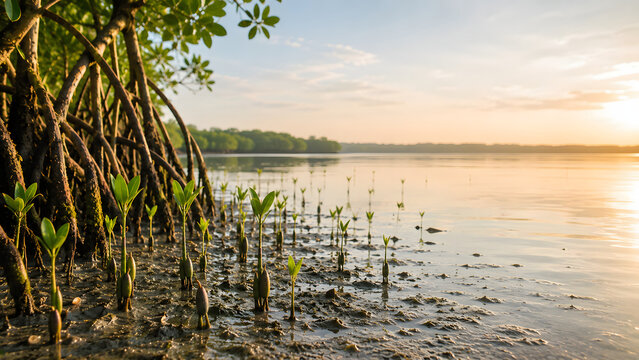 Young Mangrove Seedlings Naturally Establishing Beneath Mature Prop Roots in a Healthy Coastal Ecosystem at Sunrise