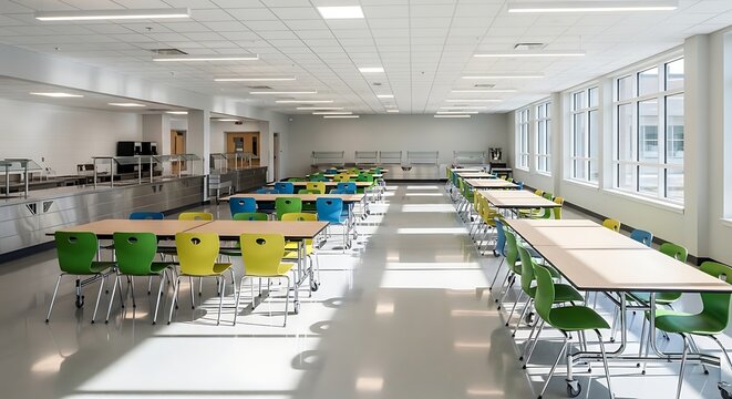 Empty school cafeteria featuring bright colorful chairs and long wooden tables