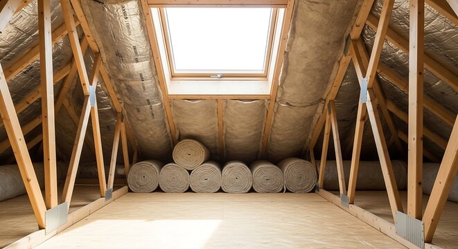 Insulated attic space featuring wooden rafters and stacked fiberglass insulation rolls