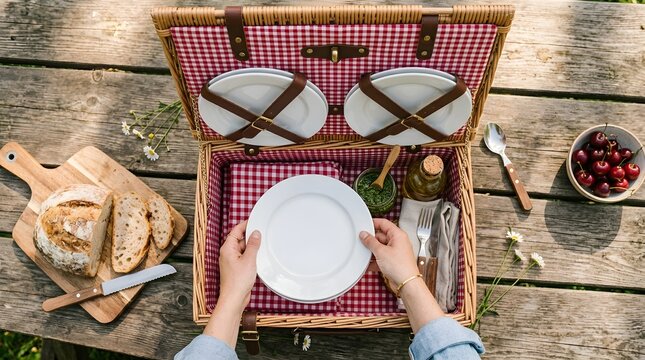 Picnic basket on wooden table with bread and fresh cherries outdoors lifestyle