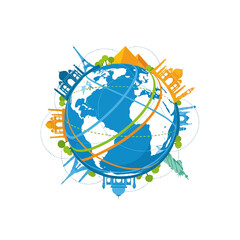 Naklejka premium Global Travel Illustration with Famous Landmarks and Globe