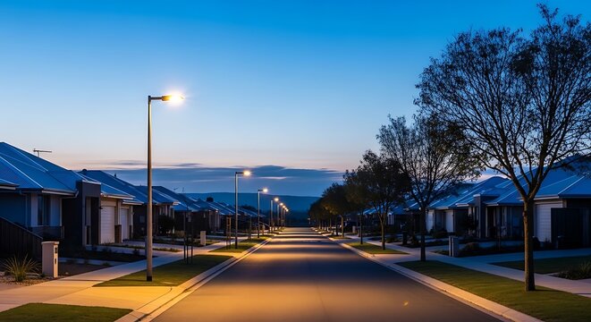 Residential street scene featuring suburban houses lit by bright streetlights
