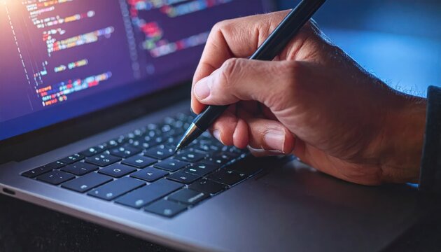 Developer using stylus pen on laptop keyboard while coding
