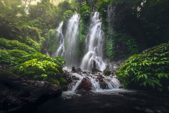 View of a cascading waterfall surrounded by lush green tropical foliage and mossy rocks in the rainforest of Bali, Indonesia.