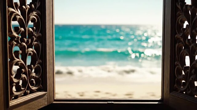 Beautiful view of turquoise sea waves on a sandy beach seen through an open ornate carved wooden window.