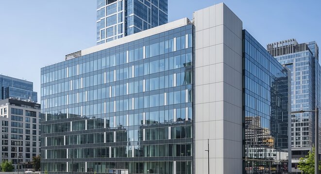 Modern glass office building facade under bright blue sky lighting
