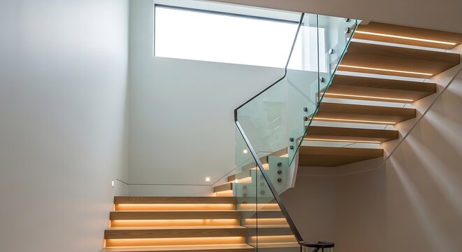 Modern wooden staircase with glowing led lights and glass side panels