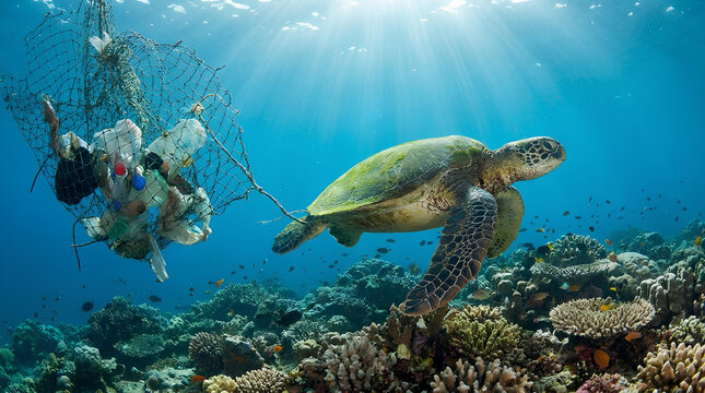 Sea turtle swimming through ocean plastic pollution near coral reef.