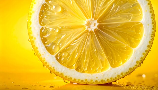Glowing lemon slice in vibrant yellow light with translucent citrus texture, fresh summer concept for beverage advertising and healthy lifestyle branding