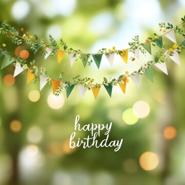 Festive garden birthday scene with party flags and green foliage, celebrating with lights and greenery.