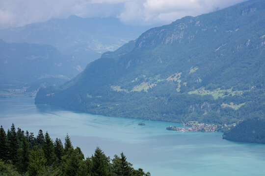 View of Lake Brienz with turquoise water surrounded by lush green mountains and pine trees in Interlaken, Canton of Bern, Switzerland.