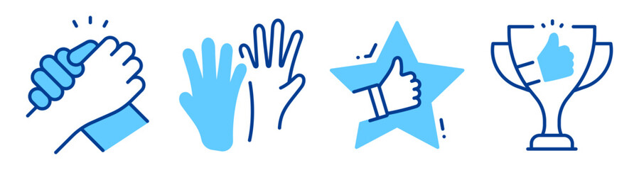 Fototapeta premium Hands and thumbs up icons showing approval in blue on white background. Editable stroke