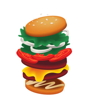 Retro style chubby 3D like burger exploded view, vector design element