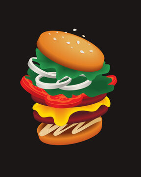 Exploded view burger vector illustration on black background