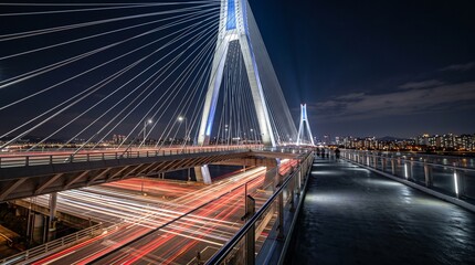 Naklejka premium Cable Stayed Bridge Over Highway Traffic Light Trails at Night
