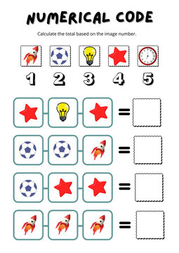 2 Educational worksheet featuring objects with numerical codes for children, a math puzzle involving counting and addition, and a printable school activity.