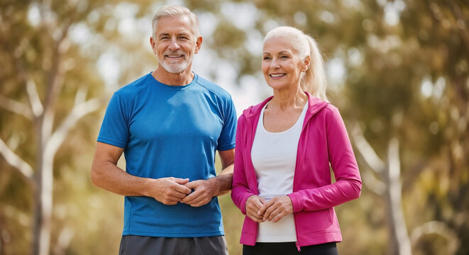 Active elderly in sportswear, smiling man, woman. Couple wears blue t shirt, pink jacket, healthy active elderly in sportswear. Concept for senior vitality, promoting active elderly in sportswear.