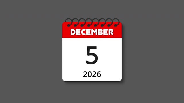 Monthly calendar animation with spiral ring coil binding, tear-off effect and realistic shadow for December 2026, perfect for time, schedule, event, and planning themes, transparent alpha channel BG