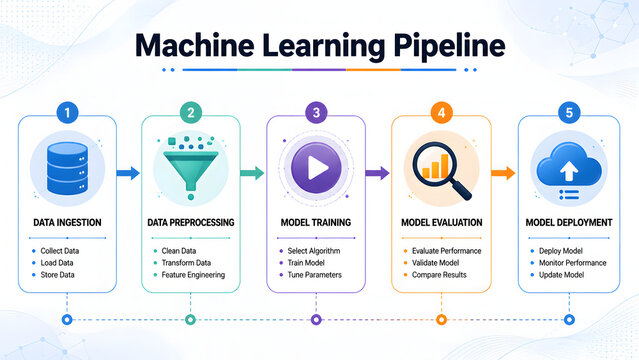 Five step machine learning pipeline infographic template with numbered cards and icons. AI data processing workflow diagram vector illustration. Ideal for tech architecture presentations.
