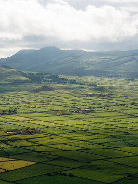 View of the lush green patchwork fields of Terceira Island, defined by traditional stone walls and rolling hills under a cloudy sky, Azores, Portugal.