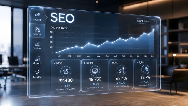 Digital holographic display showing seo performance metrics and business growth charts in office