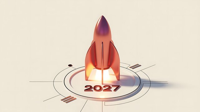 Shiny metallic rocket ship launching into space with the year twenty twenty seven text below it