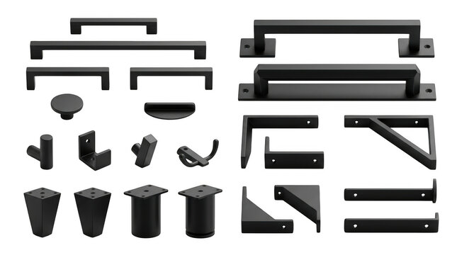 Set of matte black cabinet hardware, drawer pulls, handles, hooks, furniture legs, and corner brackets isolated on a black background isolated on a transparent background