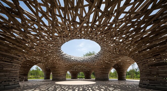 Intricate wooden lattice canopy architecture featuring circular openings under bright sky
