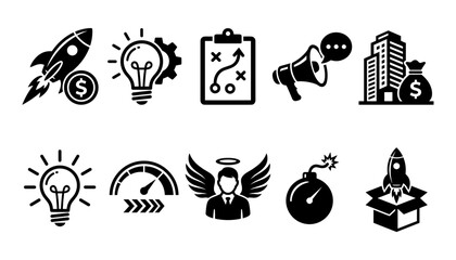 Obraz premium Set of Black and White Icons Representing Innovation, Business, Communication, Technology, and Finance Concepts
