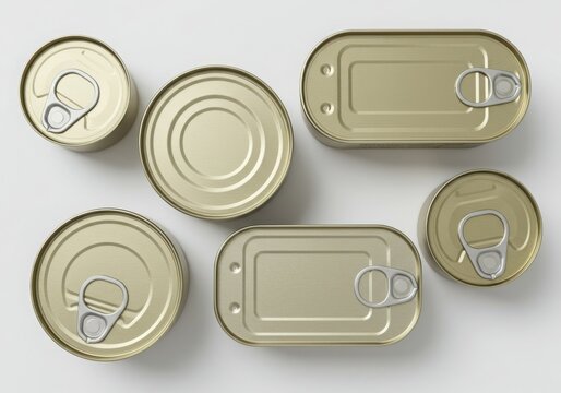 Assortment of gold metal food cans with pull tabs isolated on white background