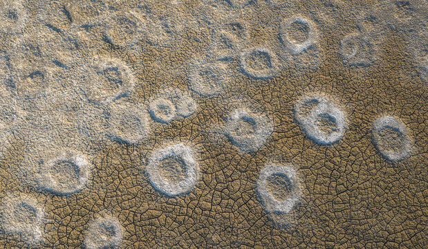 Aerial view of cracked earth with circular salt crystal formations in a dry landscape in France.