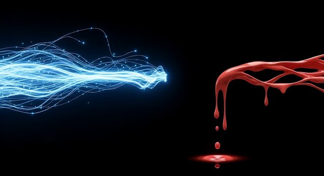 Glowing blue fiber optic threads meeting viscous red liquid splash art