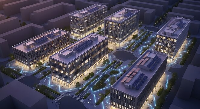 Modern office complex buildings illuminated by glowing neon pathways at night