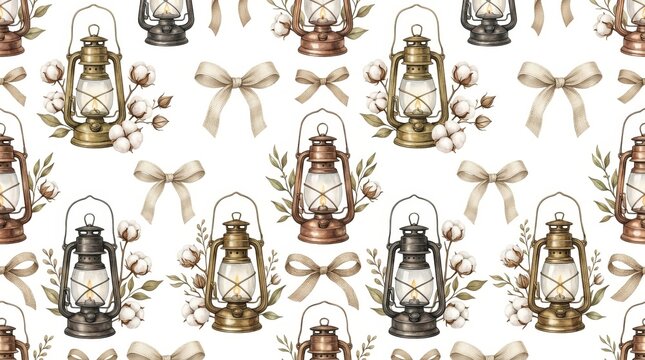 Oil Lantern, Cotton Flowers and Linen Ribbon
