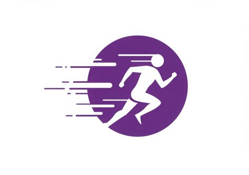 Dynamic purple circle with a white runner in motion isolated on white background