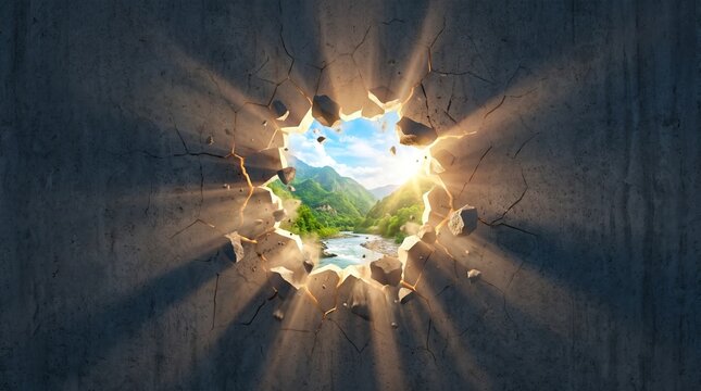 Crumbling wall and nature landscape