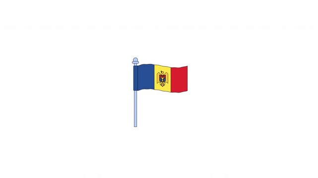 Waving Moldova flag on flagpole 2D cartoon clipart animation. Vertical tricolor with coat of arms. Eastern Europe. Moldovan national animated flat colorful element 4K video on transparent background