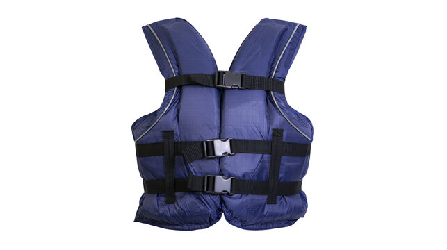 Blue life vest with black straps and buckles