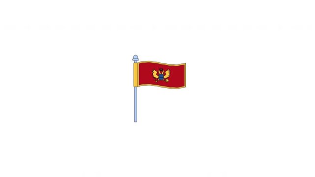 Waving Montenegro flag on flagpole 2D cartoon clipart animation. Royal coat of arms with two-headed eagle. Southeastern Europe. Montenegrin animated flat colorful element 4K video on transparent
