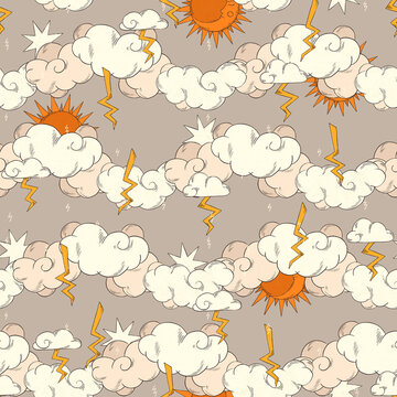 seamless pattern with autumn leaves and clouds