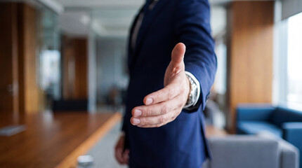 Businessman in a dark suit offering a welcoming handshake gesture in a modern office. © HENRY
