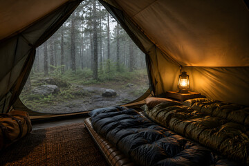 Fototapeta premium Cozy Camping Tent Interior During Rainfall