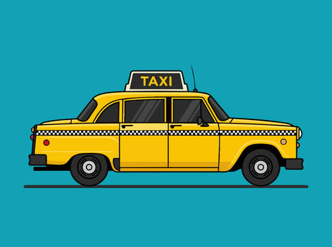 Classic yellow taxi cab side view flat vector illustration