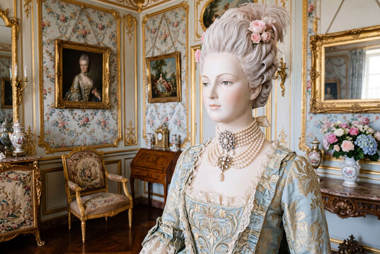 Elegant Rococo Style Portrait Mannequin Wearing Vintage Pearl Necklace in Luxurious Palace Interior