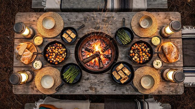 Top view of a rustic wooden table set for a delicious outdoor campfire dinner with variety of food. campfire dinner setup