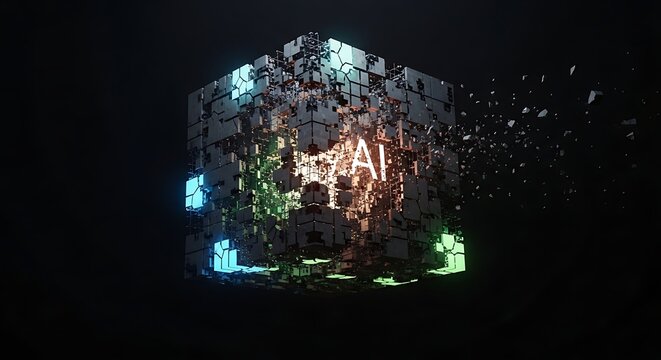 Glowing metallic cube floating with digital artificial intelligence text shattered pieces